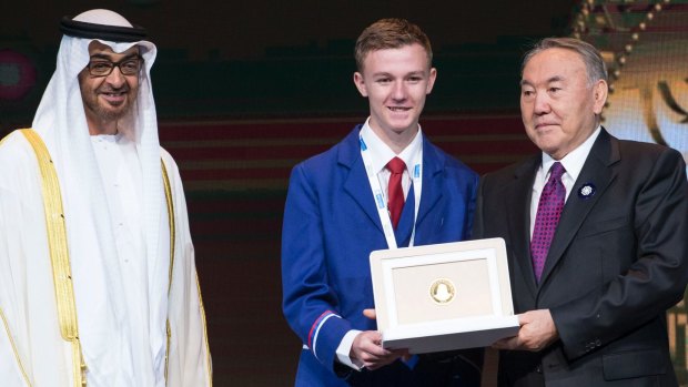 Toby Thorpe, shares the stage with Sheikh Mohamed bin Zayed Al Nahyan, Crown Prince of Abu Dhabi (left) and Nursultan Nazarbayev, President of Kazakhstan.