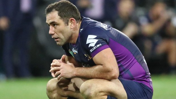 No, please no: Cameron Smith after discovering FitzSimons has tipped the Storm to win the grand final.