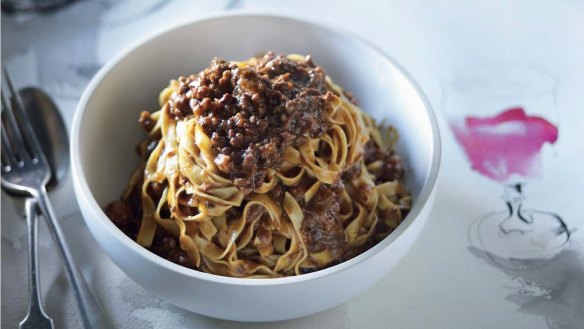 Ragu alla bolognese (see recipe below). Traditionally, this sauce is mainly eaten with tagliatelle, sometimes with rigatoni or conchiglie, but never with spaghetti.