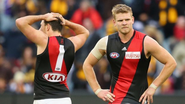 Bombers Michael Hibberd and Michael Hurley. 