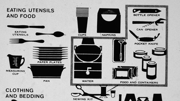 Illustrations of recommended supplies (food, first aid, tools etc.) for stocking a family bomb shelter during the Cold War in the 1960s. 