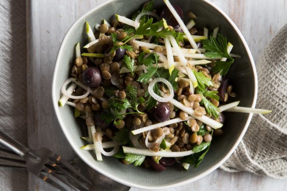 Pair this delicious autumnal apple, lentil, grape and watercress salad with sausages for a meal. 