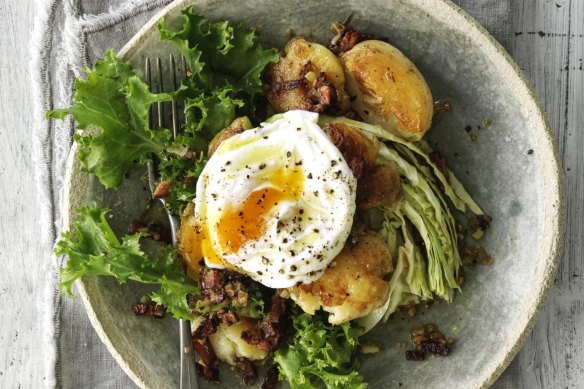 Potatoes, egg and greens become a beautiful meal with the addition of a punchy mustardy and bacon-y dressing.
