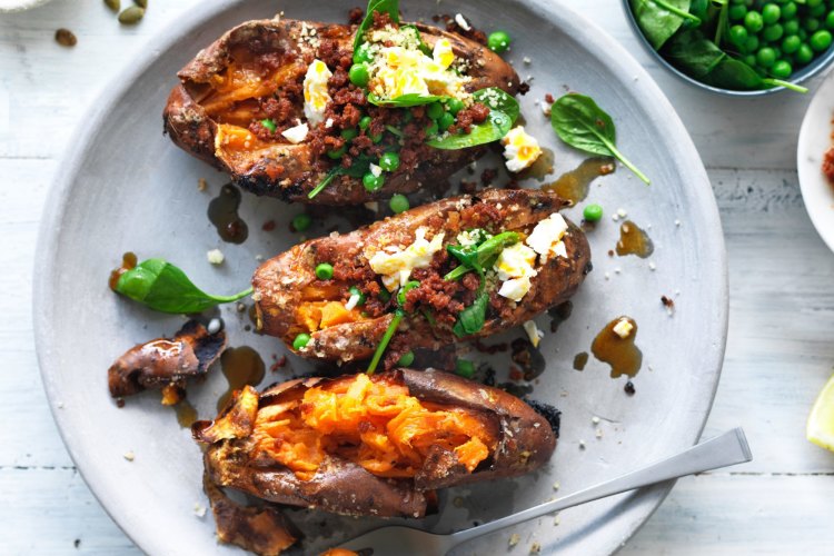 Pot o' gold: Jill Dupleix's baked sweet potato with chorizo cous cous.