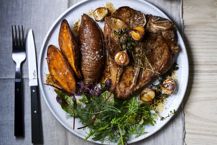 Garlic and herb steak with salt and vinegar hassleback sweet potatoes.