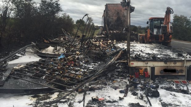 A truck was destroyed by fire on the Hume Highway south of Sutton Forest on Monday.