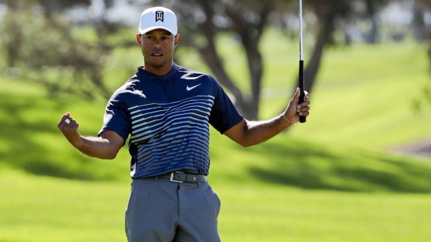 Tiger Woods enjoys a birdie of his own at Torrey Pines.