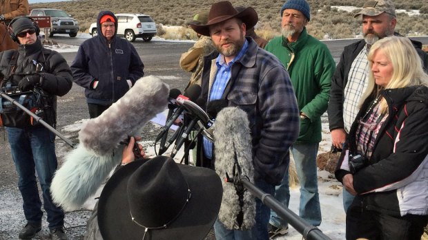 Ammon Bundy speaks to reporters at the Malheur National Wildlife Refuge in Burns, Oregon on Thursday. Bundy is the leader of a small, armed group that has been occupying the remote refuge since January 2.
