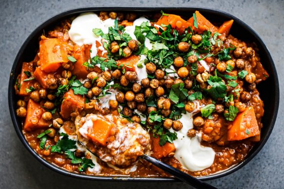 Sweet potato and lentil curry topped with crispy chickpeas and yoghurt.