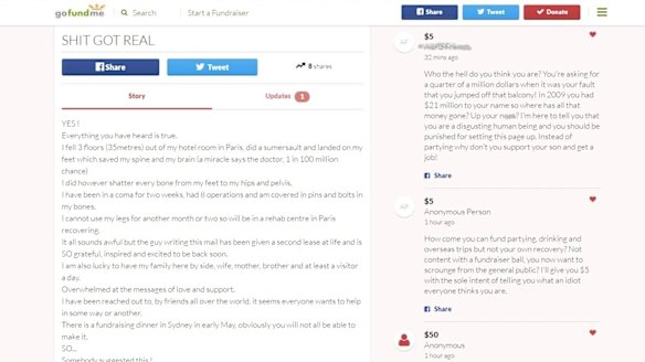 Single removed his Go Fund Me, but Fairfax Media had already screen grabbed it.