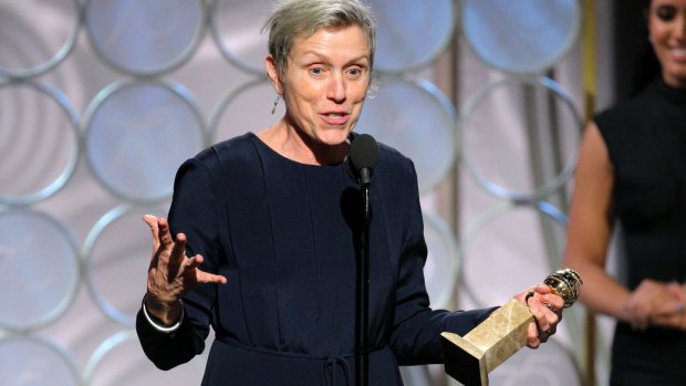 Frances McDormand accepts the Golden Globe for her performance in <i>Three Billboards Outside Ebbing, Missouri</i>.