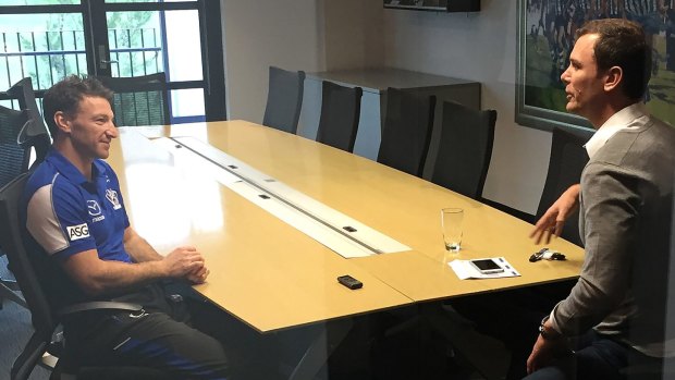North Melbourne legend Wayne Carey interviews Brent Harvey at North Melbourne headquarters.