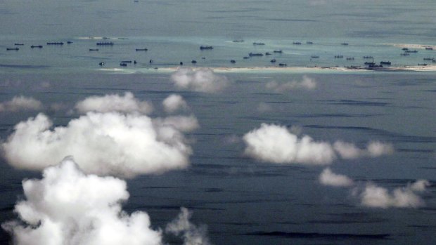 Land reclamation of Mischief Reef in the Spratly Islands in the South China Sea. 