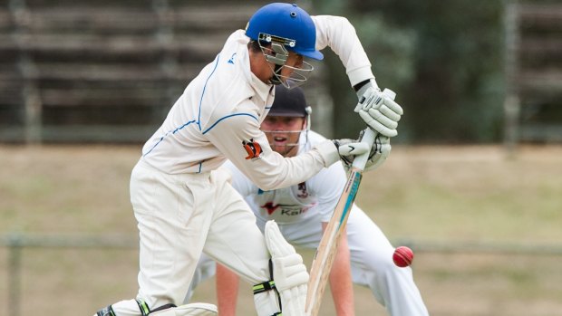 Queanbeyan batsman Mark Solway with a solid forward defence.