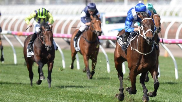 Unrivaled: Winx runs clear to win the Turnbull Stakes.
