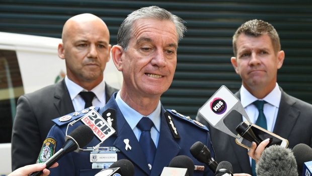NSW Police Commissioner Andrew Scipione (centre), lead investigator Detective Chief Inspector Gary Jubelin (left) and NSW Premier Mike Baird (right) announce a $1m reward to coincide with the second anniversary of William Tyrrell's disappearance.