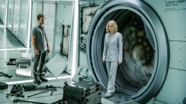Many a dull moment: Jennifer Lawrence and Chris Pratt in <i>Passengers</i>.
