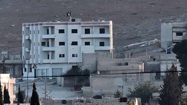 Laying claim: Islamic State militants have raised their flag on a building on the eastern edge of Kobane.
