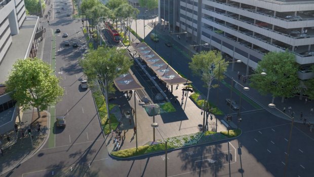 An artists' impression of the Alinga Street light rail stop from the air. 