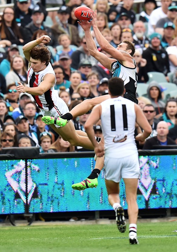 No contest: Port Adelaide's Jay Schulzs marks.