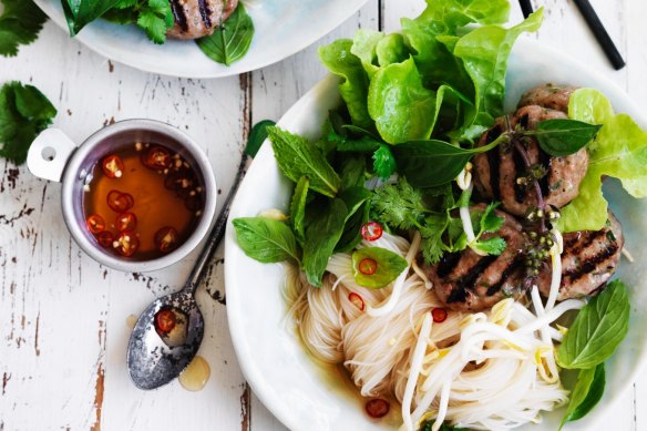 Noodle bowls with Vietnamese pork patties.