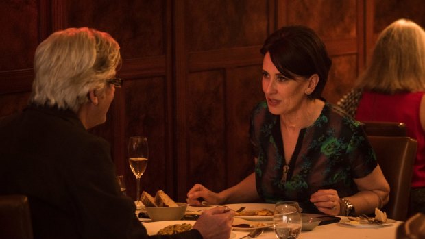 Virginia Trioli talks about journalism with comedian Shaun Micallef while lunching at Grossi Florentino.