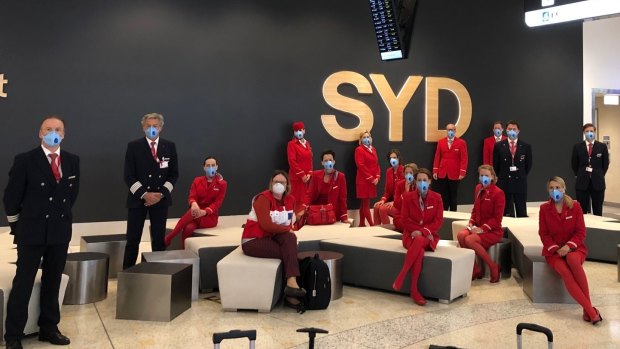 Austrian Airlines crew at Sydney Airport after their 18-hour non-stop flight from Vienna. 