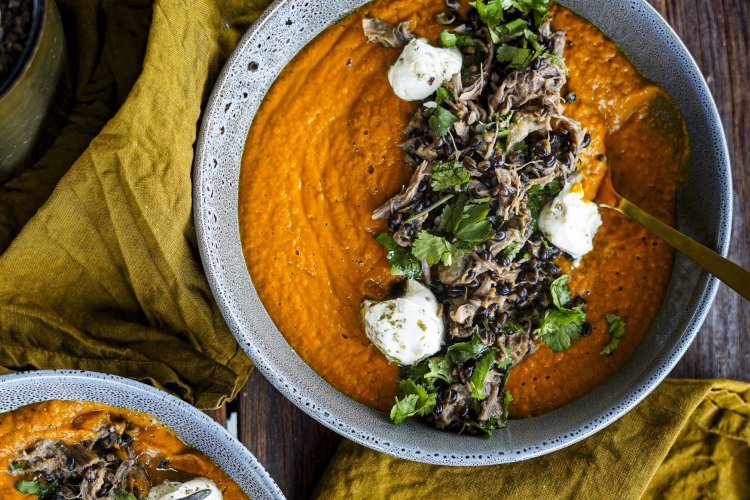 Roasted ras-el-hanout pumpkin soup with barley and leftover lamb.