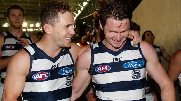 Dangerwood no more? Joel Selwood (left) and Patrick Dangerfield formed a lethal midfield combination in 2016. 