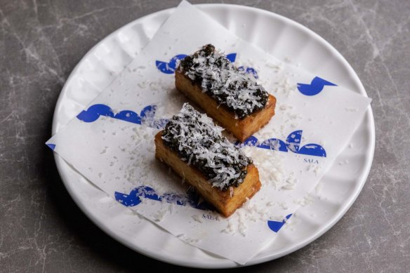 Crispy risoni fingers with caviar and parmesan at Sala, Pyrmont.