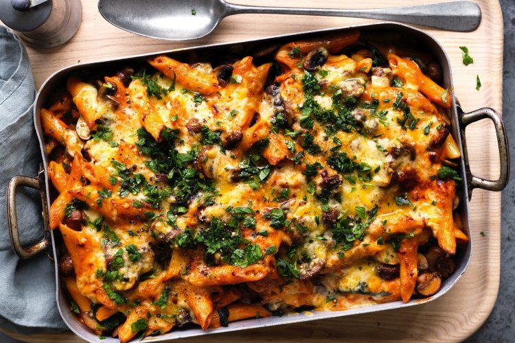 Adam Liaw's mushroom and spinach stroganoff pasta bake.