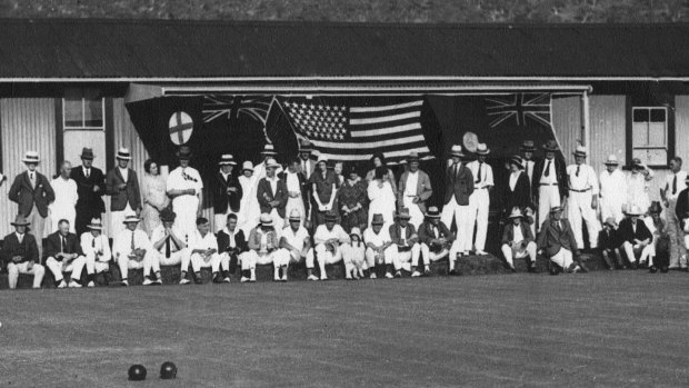 Bowlers at the unofficial opening of the Canberra City Bowling Club in 1926 or 1927.