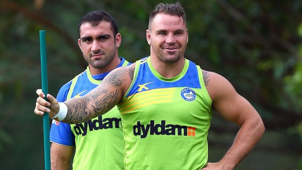 Hurt by friendly fire:  Anthony Watmough and Tim Mannah at a Parramatta Eels NRL pre-season training session.