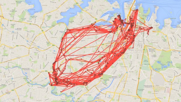 A month's worth of Google location data collected from my phone shows a somewhat depressingly consistent loop between the inner west, where I live, and Pyrmont, where I work.