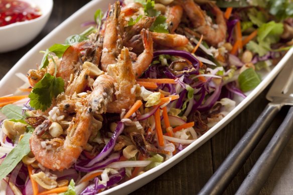 Colourful Vietnamese coleslaw with crispy prawns.