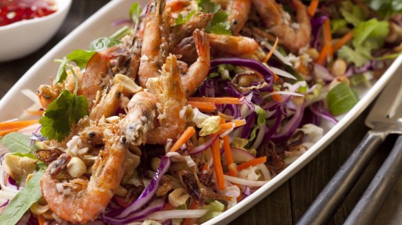 Colourful Vietnamese coleslaw with crispy prawns.