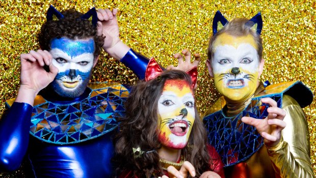 All that glitters: Alexander Butt (gold), Eliza Reilly (red) and Gautier Pavlovic-Hobba (blue) star in the new musical <i>Space Cats</i>.