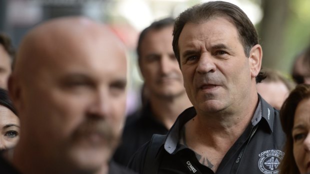 Union leaders Shaun Reardon, left and John Setka arrive at  the Melbourne Magistrates Court on Tuesday.