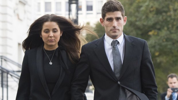 Ched Evans leaves Cardiff Crown Court with partner Natasha Massey after being found not guilty of rape.