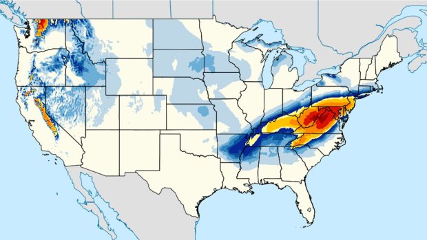 This NOAA image shows a computer model forecasting the chances of a snow storm hitting the East Coast this weekend. Snow up to 91 centimetres, was forecast for areas west and southwest of the Washington.