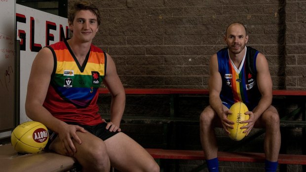 Yarra Glen's Will Gordon and Warburton's Brendan Murphy in the rainbow themed jumpers they will wear for the Pride Cup.