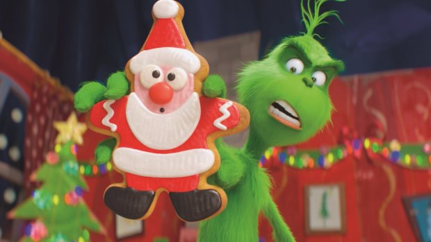 The Grinch (Benedict Cumberbatch) warns his dog Max and reindeer Fred about the seductive power of the Santa cookie as he trains them to help him steal Christmas.