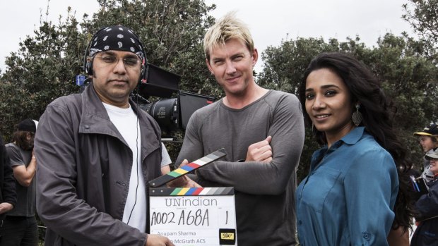 Opening up:  Anupam Sharma on set with Brett Lee and Tannishtha Chatterjee at Sydney's Maroubra Beach.