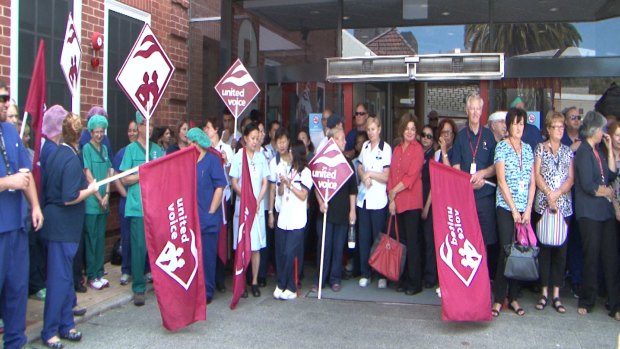 Hospital staff gathered out the front of Royal Perth Hospital.