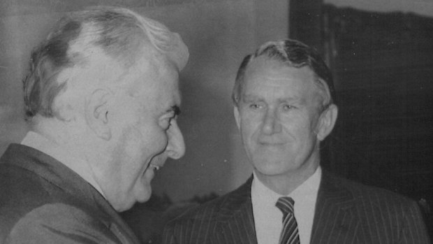 Malcolm Fraser and Gough Whitlam at a parliament house reception in 1982.