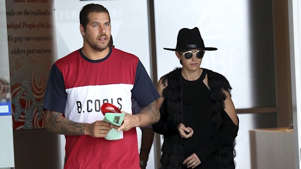 Lance Franklin and Jesinta Campbell arrive at Sydney Swans HQ on Wednesday.