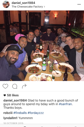 Gathering: Petras pictured at dinner in San Francisco last October in a group including Jarryd Hayne and Krisnan Inu.