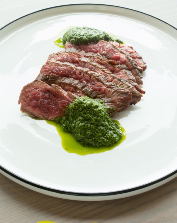 Grilled hanger steak with chimichurri.