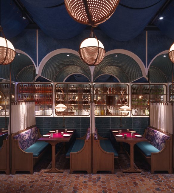 At John Anthony, Hong Kong, the ceilings are draped with fabric coloured with plant-based dyes.