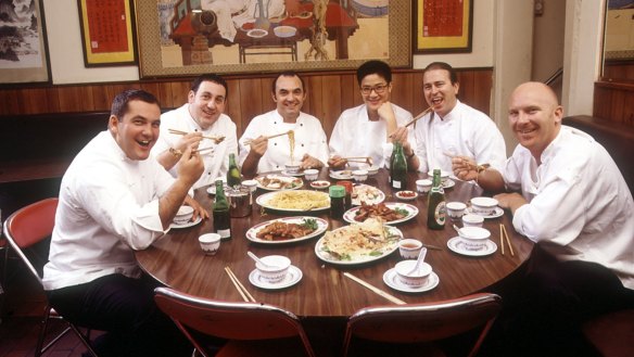 The restaurant was a favourite for Sydney's top chefs, including Neil Perry (second from right) and Matt Moran (far right). 